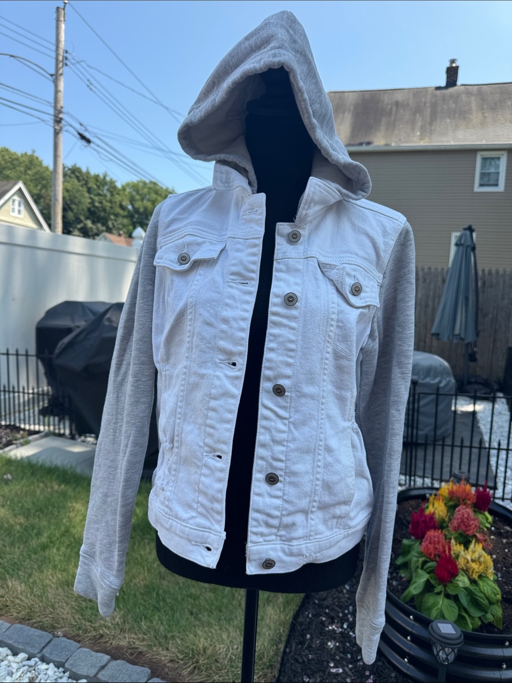 Hollister White Hooded Jean Jacket with Gray Hood
